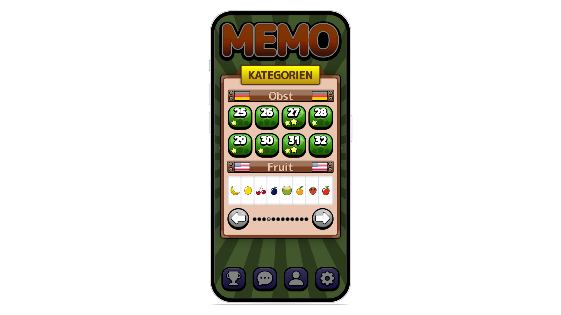 Screenshot showcasing the category selection screen for the Memo mobile app for Bestlearn