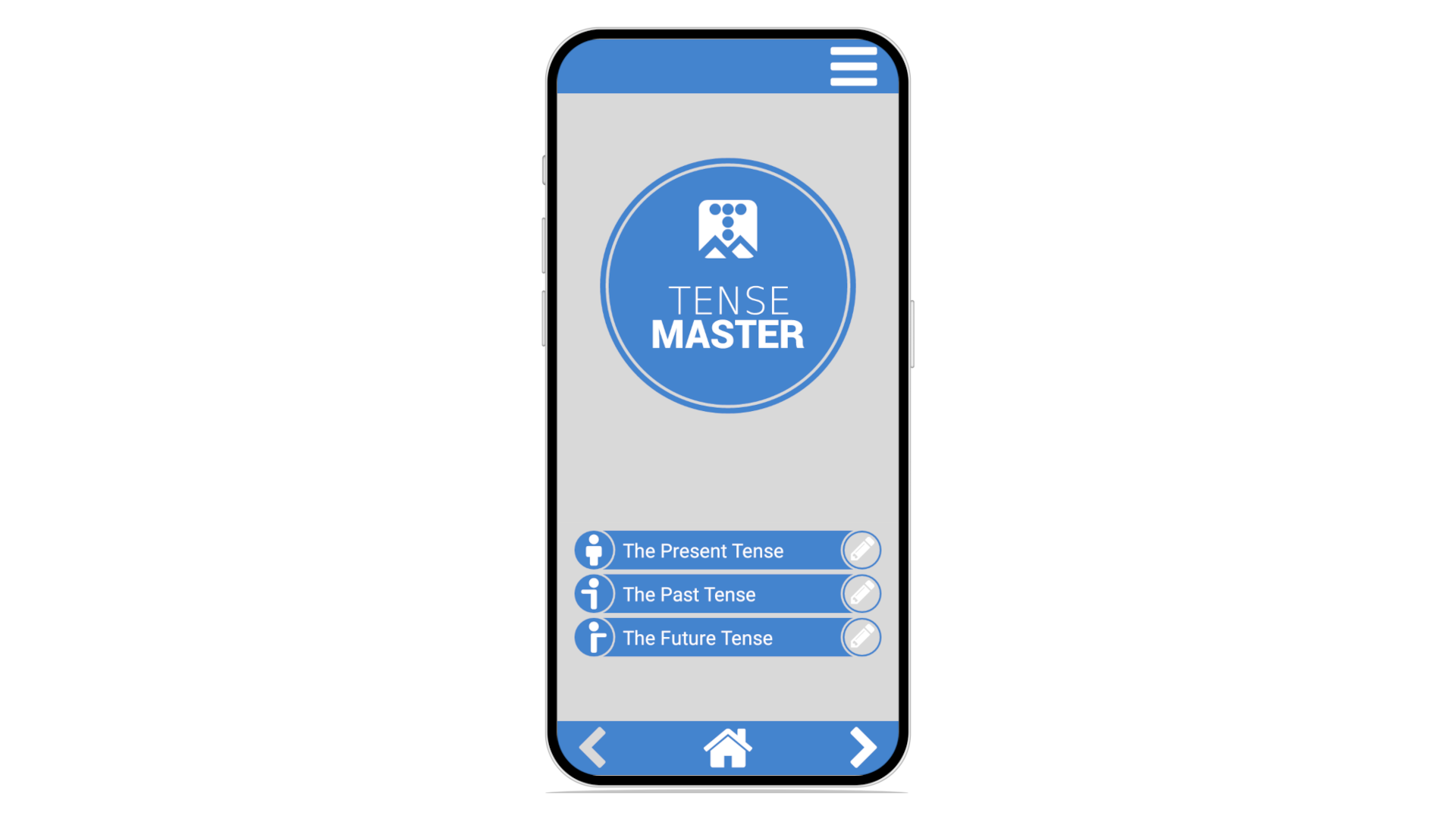 Screenshots showcasing the homescreen for the Tense Master mobile app for Bestlearn
