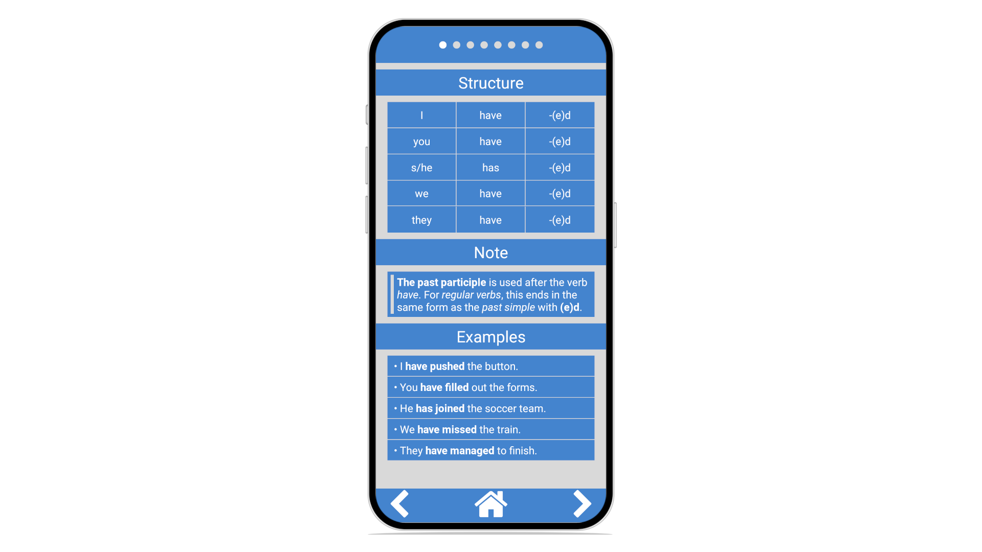 Screenshots showcasing the lesson screen for the Tense Master mobile app for Bestlearn