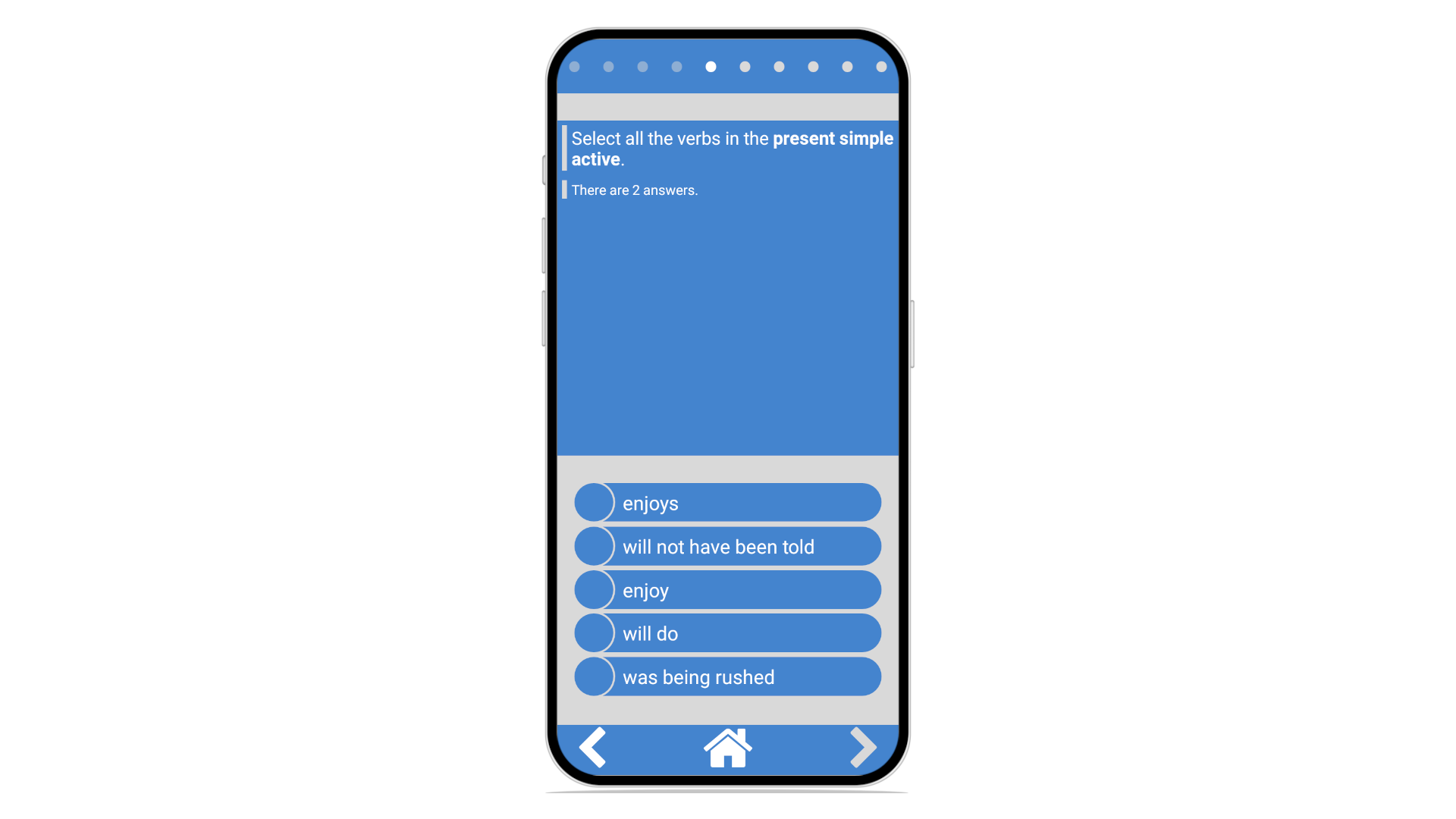 Screenshots showcasing the quiz screen for the Tense Master mobile app for Bestlearn