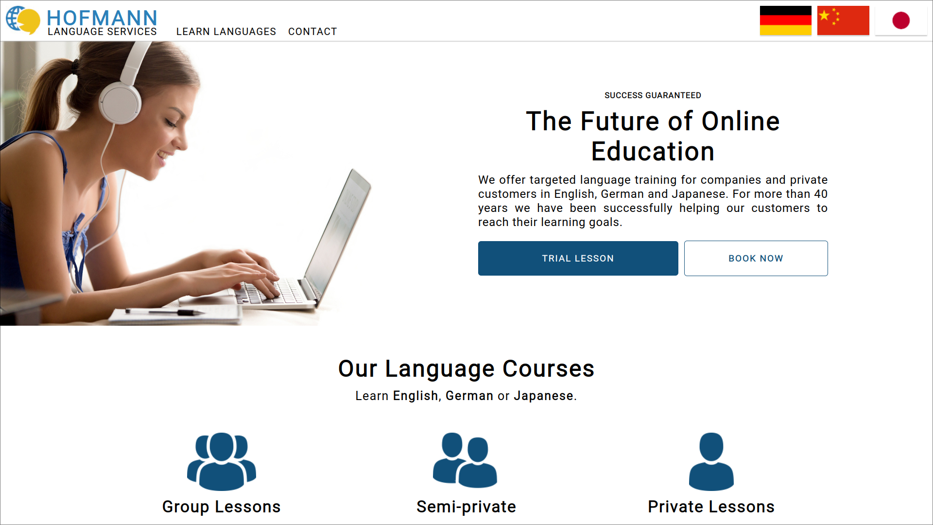 Screenshot showcasing the homepage for the international website for Hofmann Language Services