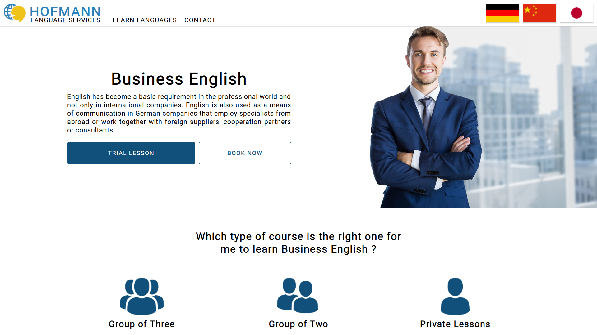Screenshot showcasing the bottom section of the homepage for the international website for Hofmann Language Services