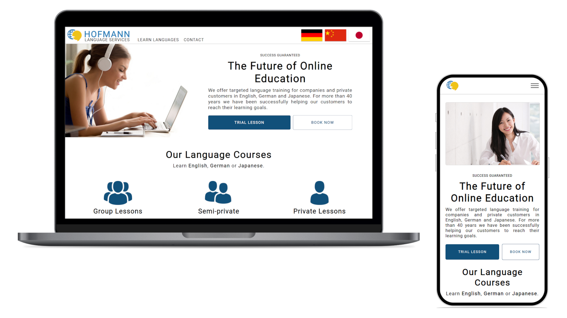 Screenshots showcasing responsive design for the international website for Hofmann Language Services