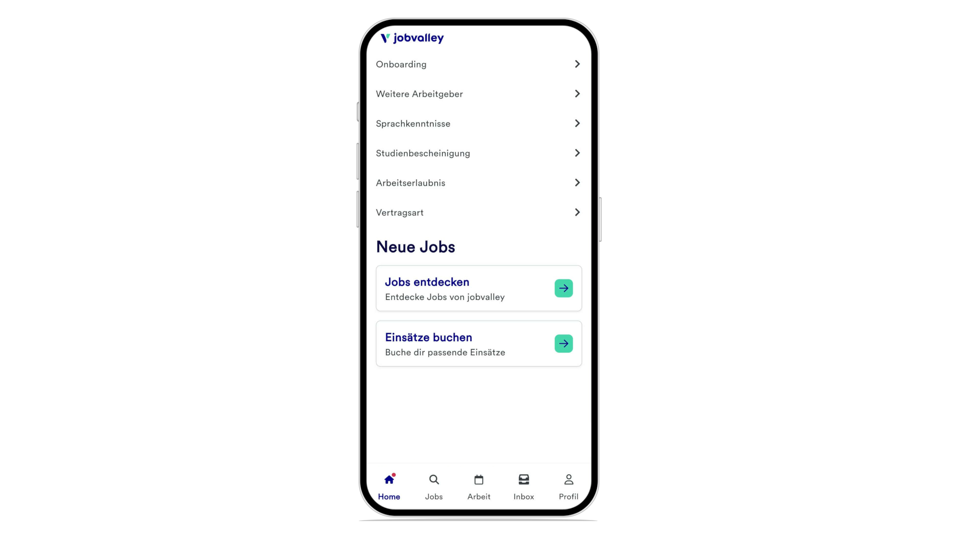 Screenshot showcasing the settings screen for the mobile app for Jobvalley