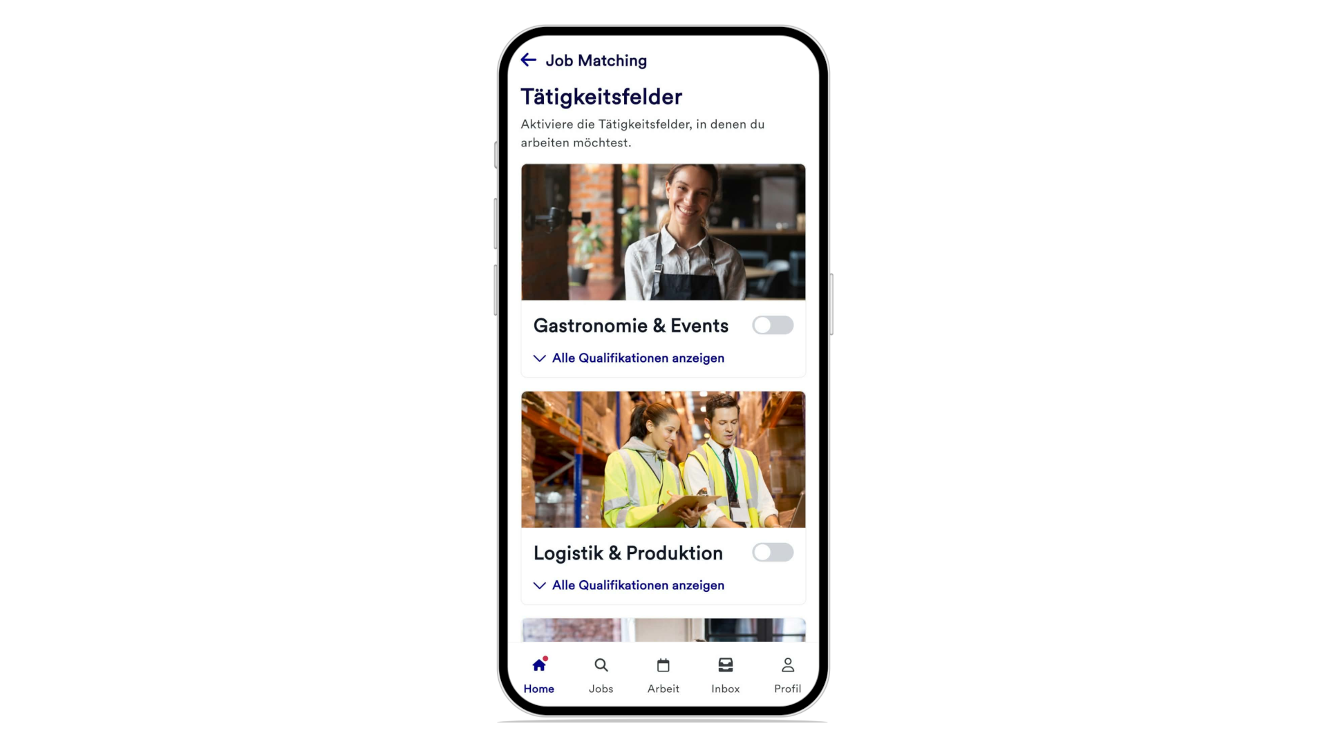 Screenshot showcasing the area of activity screen for the mobile app for Jobvalley
