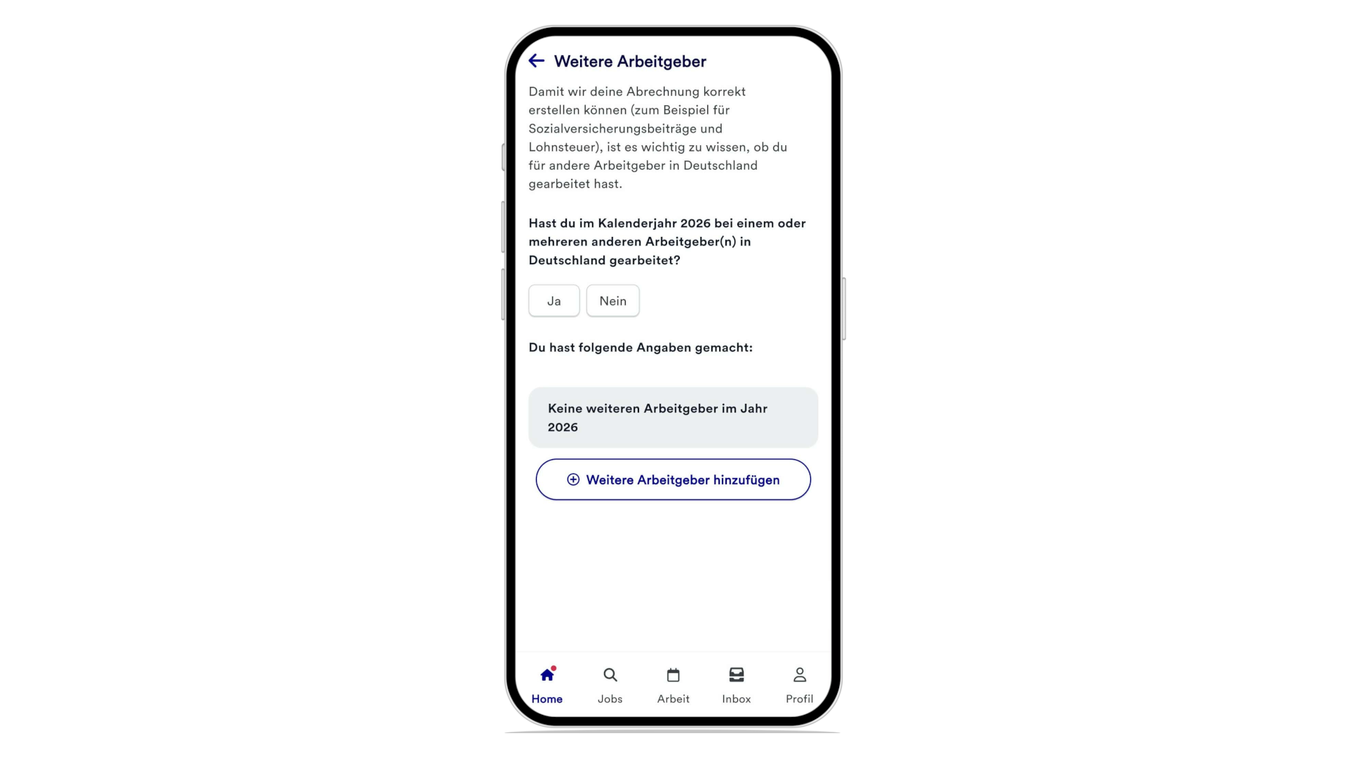 Screenshot showcasing work selection screen for the mobile app for Jobvalley