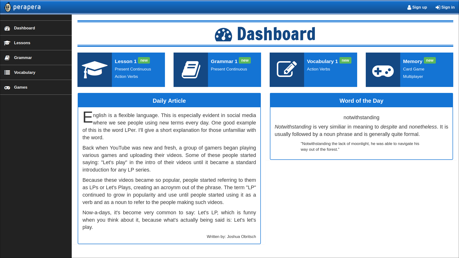 Screenshot showcasing the dashboard for the website for Perapera