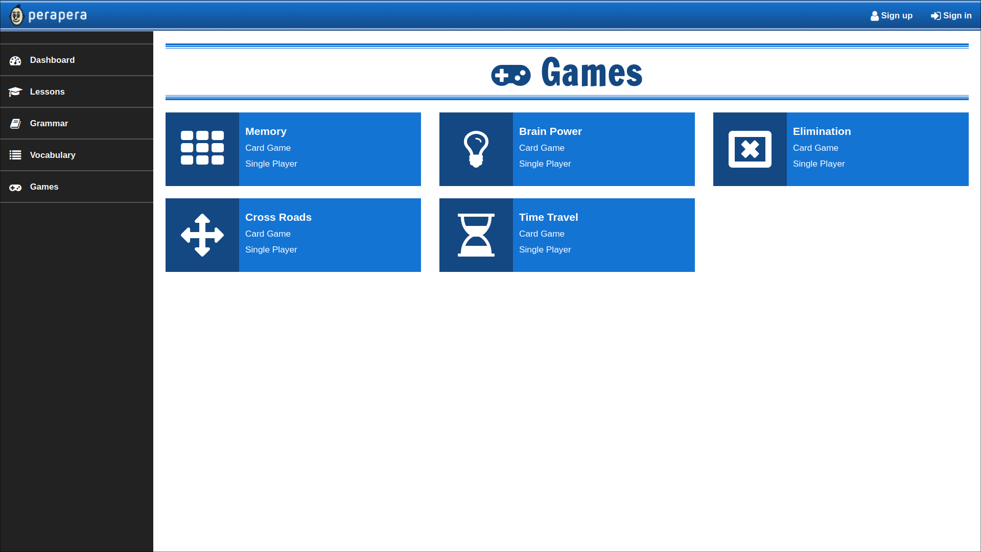 Screenshot showcasing the online games for the website for Perapera